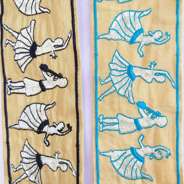 Beige Fabric Trim With Embroidered Dancers And Musicians in Gold & Black / Blue, Dance Music Trims, Approx. 80mm - 210119L514 / 15